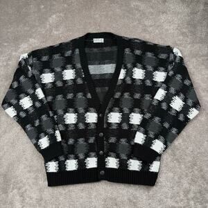 Black White Static Knit Sweater Cardigan Size XL Preppy Grunge Grandpa Area